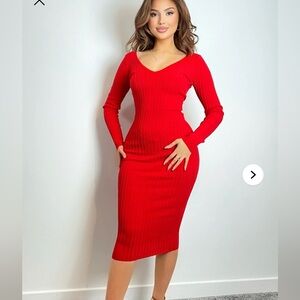 Fashion Nova kallan Knit Red Midi Dress Long Sleeve ribbed FLAW women’s Small